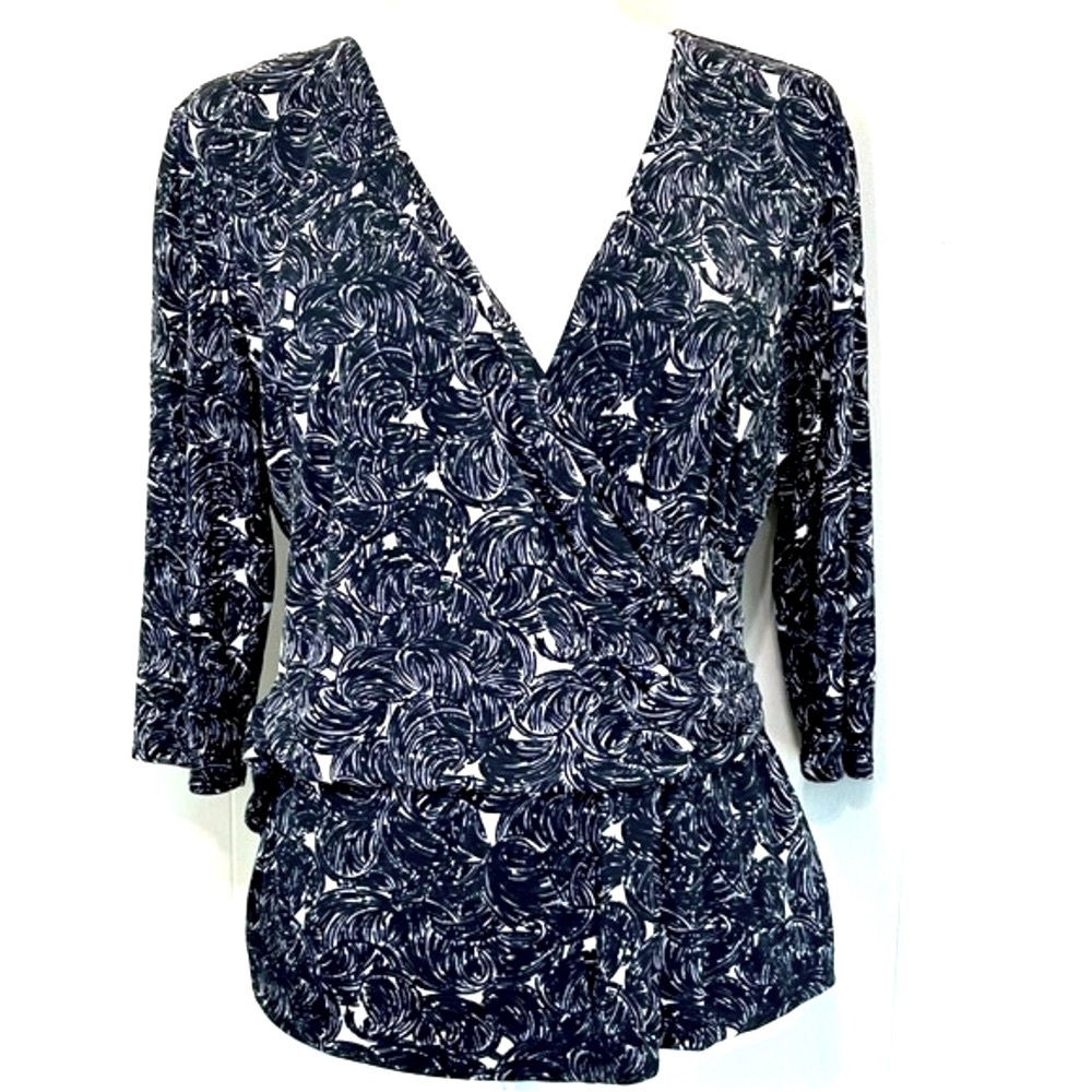 TESORI Tesori Black White V-Neckline Wrap 100% Silk Blouse Top Size Large.